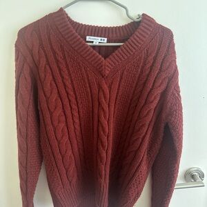 Uniqlo V-Neck Cable Knit Sweater - Rich Red